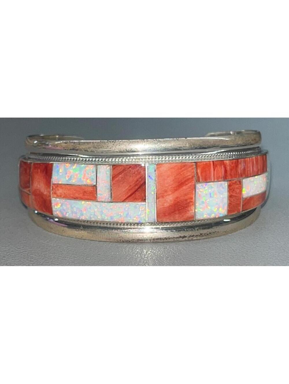 Zuni sterling silver inlay spiny oyster turquoise and opal statement bracelet